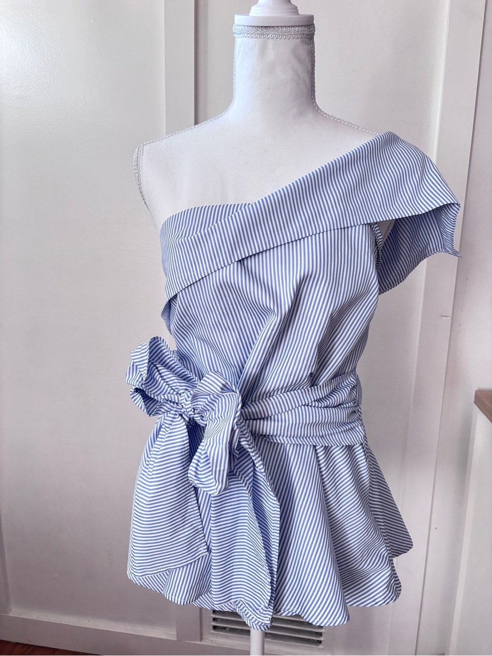 Striped Light Blue One-Shoulder Dress with Waist Tie